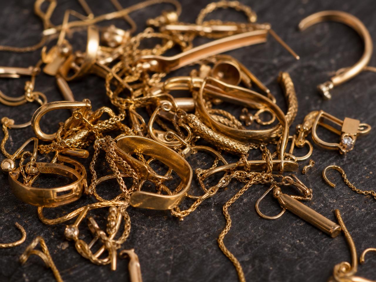 Broken gold jewelry including snapped chains, bent rings and single earrings accepted for cash