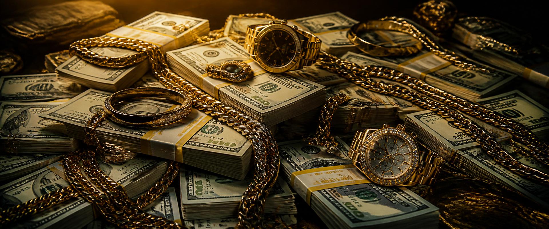 Gold jewelry and watches piled on stacks of cash