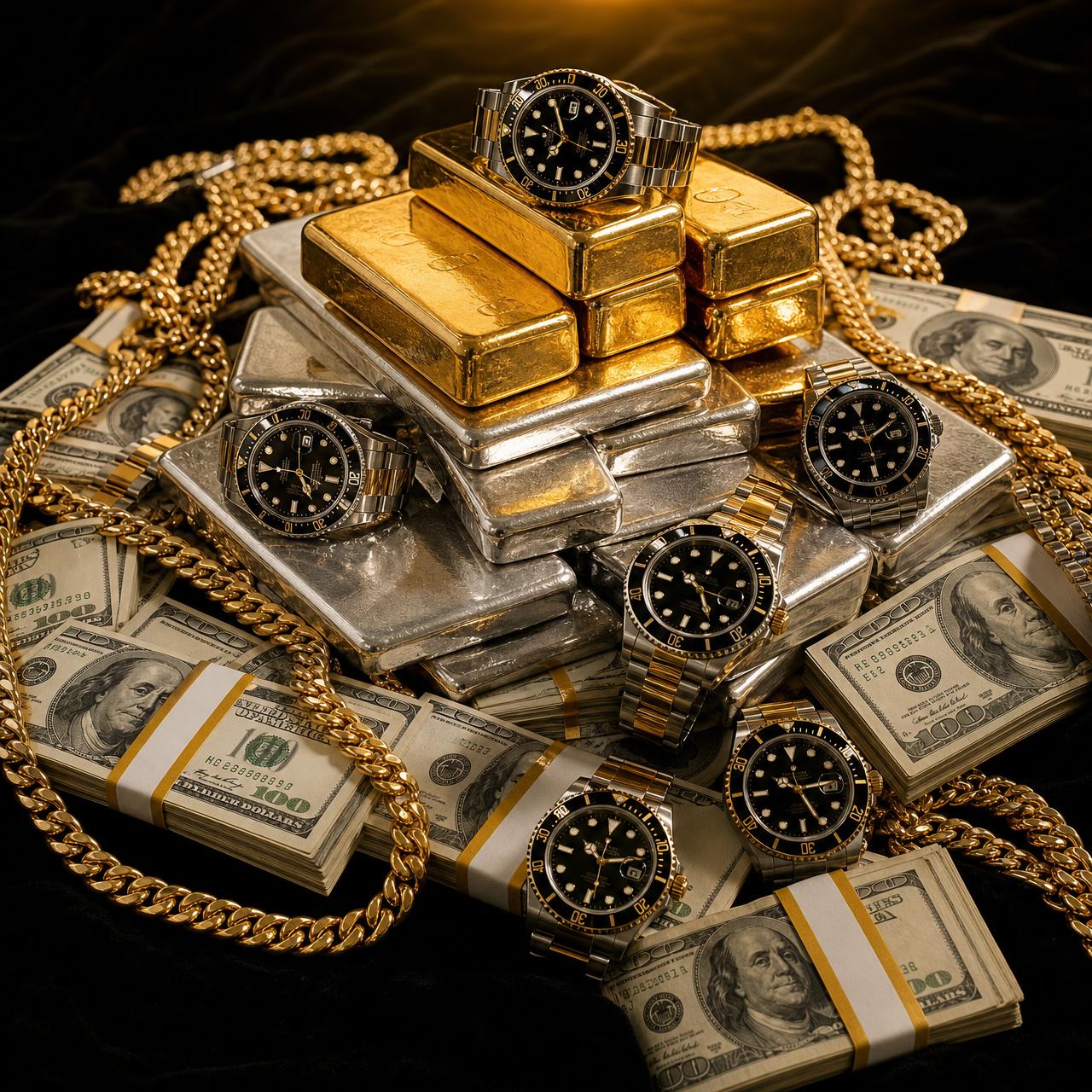 Gold bars, silver bullion, Rolex watches and stacks of cash