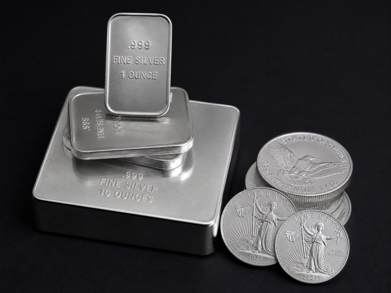 Silver bullion bars and platinum coins purchased by Gold King in Houston, Texas